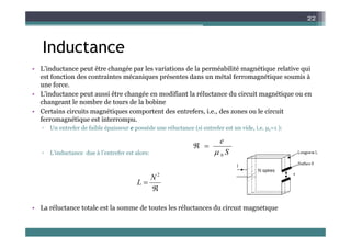 22
Inductance
L’ind ctance pe t être changée par les ariations de la perméabilité magnétiq e relati e q i
• L’inductance peut être changée par les variations de la perméabilité magnétique relative qui
est fonction des contraintes mécaniques présentes dans un métal ferromagnétique soumis à
une force.
• L'inductance peut aussi être changée en modifiant la réluctance du circuit magnétique ou en
L inductance peut aussi être changée en modifiant la réluctance du circuit magnétique ou en
changeant le nombre de tours de la bobine
• Certains circuits magnétiques comportent des entrefers, i.e., des zones ou le circuit
ferromagnétique est interrompu.
▫ Un entrefer de faible épaisseur e possède une réluctance (si entrefer est un vide, i.e. μr=1 ):
L’inductance due à l’entrefer est alors: S
e



▫ L inductance due à l entrefer est alors: S
0

2
N
L
• La réluctance totale est la somme de toutes les réluctances du circuit magnétique


L
• La réluctance totale est la somme de toutes les réluctances du circuit magnétique
 