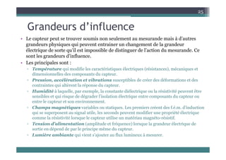 Grandeurs d’influence
25
Grandeurs d influence
• Le capteur peut se trouver soumis non seulement au mesurande mais à d’autres
d h iq q i t t i h t d l d
grandeurs physiques qui peuvent entrainer un changement de la grandeur
électrique de sorte qu’il est impossible de distinguer de l’action du mesurande. Ce
sont les grandeurs d’influence.
L i i l t
• Les principales sont :
▫ Température qui modifie les caractéristiques électriques (résistances), mécaniques et
dimensionnelles des composants du capteur.
▫ Pression accélération et vibrations susceptibles de créer des déformations et des
▫ Pression, accélération et vibrations susceptibles de créer des déformations et des
contraintes qui altèrent la réponse du capteur.
▫ Humidité à laquelle, par exemple, la constante diélectrique ou la résistivité peuvent être
sensibles et qui risque de dégrader l’isolation électrique entre composants du capteur ou
q q g q p p
entre le capteur et son environnement.
▫ Champs magnétiques variables ou statiques. Les premiers créent des f.é.m. d’induction
qui se superposent au signal utile, les seconds peuvent modifier une propriété électrique
l é i i i é l l ili é i é é i if
comme la résistivité lorsque le capteur utilise un matériau magnéto-résistif.
▫ Tension d’alimentation (amplitude et fréquence) lorsque la grandeur électrique de
sortie en dépend de par le principe même du capteur.
Lumière ambiante qui vient s’ajouter au flux lumineux à mesurer
▫ Lumière ambiante qui vient s ajouter au flux lumineux à mesurer.
 