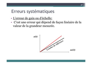E té ti
47
Erreurs systématiques
L’e e de gai o d’échelle
• L’erreur de gain ou d’échelle:
• C’est une erreur qui dépend de façon linéaire de la
l d l d é
valeur de la grandeur mesurée.
 