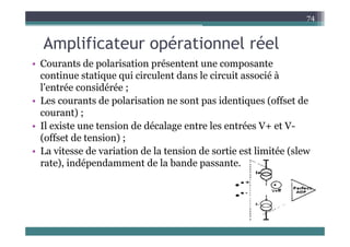 A lifi t é ti l é l
74
Amplificateur opérationnel réel
• Courants de polarisation présentent une composante
p p p
continue statique qui circulent dans le circuit associé à
l’entrée considérée ;
• Les courants de polarisation ne sont pas identiques (offset de
courant) ;
Il i t t i d dé l t l t é V t V
• Il existe une tension de décalage entre les entrées V+ et V-
(offset de tension) ;
• La vitesse de variation de la tension de sortie est limitée (slew
• La vitesse de variation de la tension de sortie est limitée (slew
rate), indépendamment de la bande passante.
 
