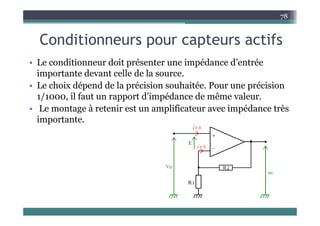 C diti t tif
78
Conditionneurs pour capteurs actifs
• Le conditionneur doit présenter une impédance d’entrée
• Le conditionneur doit présenter une impédance d entrée
importante devant celle de la source.
• Le choix dépend de la précision souhaitée Pour une précision
Le choix dépend de la précision souhaitée. Pour une précision
1/1000, il faut un rapport d’impédance de même valeur.
• Le montage à retenir est un amplificateur avec impédance très
g p p
importante.
 