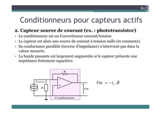 C diti t tif
80
Conditionneurs pour capteurs actifs
2 Capteur source de courant (ex : phototransistor)
2. Capteur source de courant (ex. : phototransistor)
• Le conditionneur est un Convertisseur courant/tension
• Le capteur est alors une source de courant à tension nulle (et constante).
• Sa conductance parallèle (inverse d’impédance) n’intervient pas dans la
valeur mesurée.
• La bande passante est largement augmentée si le capteur présente une
La bande passante est largement augmentée si le capteur présente une
impédance fortement capacitive.
R
i
Vm 
 R
i
Vm c .


 