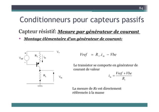 C diti t if
84
Conditionneurs pour capteurs passifs
Ca te ésistif M é é t d t
Capteur résistif: Mesure par générateur de courant
• Montage élémentaire d'un générateur de courant:
Vbe
i
R
Vref m 
 .
1
f m
1
Le transistor se comporte en générateur de
t d l
courant de valeur
1
R
Vbe
Vref
im


La mesure de Rc est directement
référencée à la masse
 