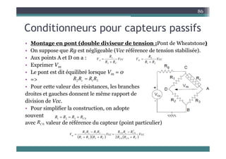 C diti t if
86
Conditionneurs pour capteurs passifs
• Montage en pont (double diviseur de tension :Pont de Wheatstone)
• Montage en pont (double diviseur de tension :Pont de Wheatstone)
• On suppose que Rg est négligeable (Vcc référence de tension stabilisée).
• Aux points A et D on a : Vcc
R
R
R
VA

 3
Vcc
R
R
R
VD
2


• Exprimer Vm
• Le pont est dit équilibré lorsque Vm = 0
• =>
R
R C

3 R
R 2
1 
3
1
2 R
R
R
R 
• =>
• Pour cette valeur des résistances, les branches
droites et gauches donnent le même rapport de
3
1
2 R
R
R
R c
division de Vcc.
• Pour simplifier la construction, on adopte
souvent R
R
R
R
souvent
avec valeur de référence du capteur (point particulier)
0
3
2
1 C
R
R
R
R 


0
C
R
V
R
R
R
V
R
R
R
R
V C
c
C
c 
 2
0
0
3
1
2
    
Vcc
R
R
R
Vcc
R
R
R
R
V
C
C
C
C
c
C
C
c
m





0
0
0
0
3
2
1
3
1
2
2
 