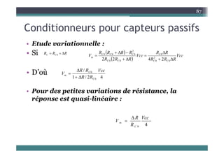 C diti t if
87
Conditionneurs pour capteurs passifs
• Etude variationnelle :
• Etude variationnelle :
• Si R
R
R C
C 

 0
 
 
Vcc
R
R
R
R
R
Vcc
R
R
R
R
R
R
R
V
C
C
C
C
C
C
C
C
m










0
2
0
0
0
0
2
0
0
0
2
4
2
2
• D’où
  C
C
C
C 0
0
0
0
4
2
/
1
/
0
0 Vcc
R
R
R
R
V
C
C
m




• Pour des petites variations de résistance, la
é t i li é i
0
C
réponse est quasi-linéaire :
4
0
Vcc
R
R
V
C
m


 