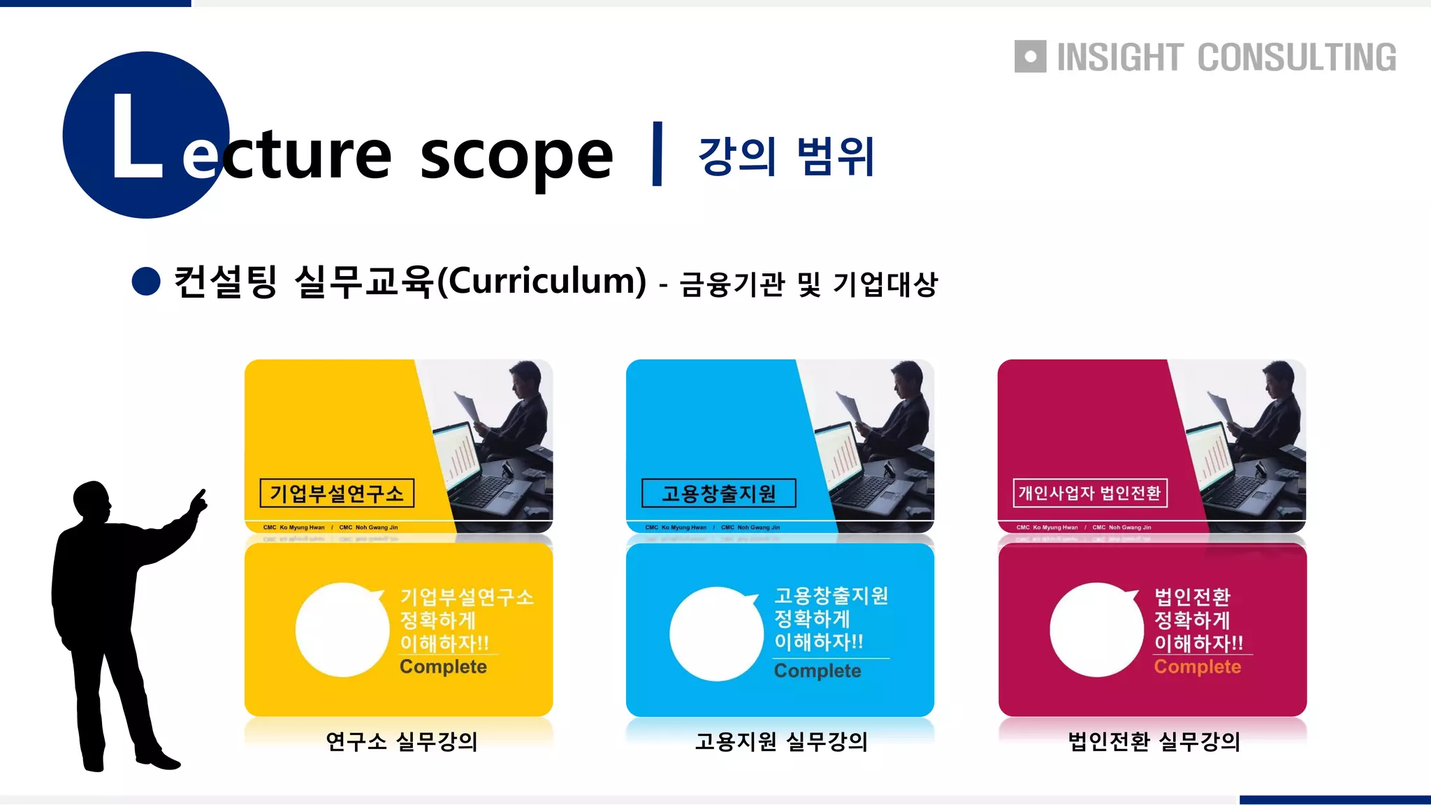 컨설팅 실무교육(Curriculum) - 금융기관 및 기업대상
연구소 실무강의 고용지원 실무강의 법인전환 실무강의
강의 범위ecture scopeL
 