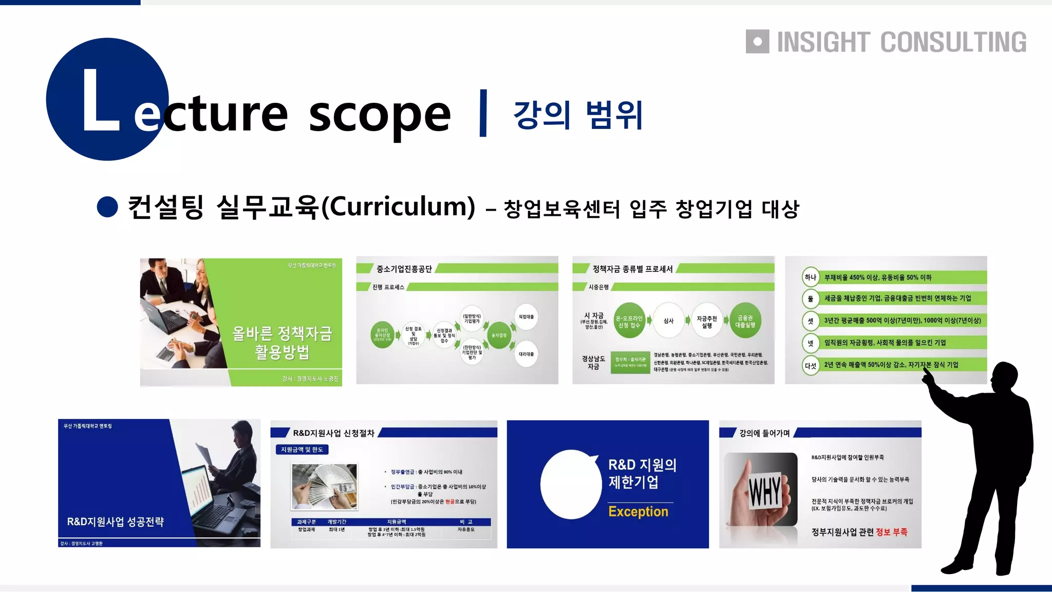 컨설팅 실무교육(Curriculum) – 창업보육센터 입주 창업기업 대상
강의 범위ecture scopeL
 