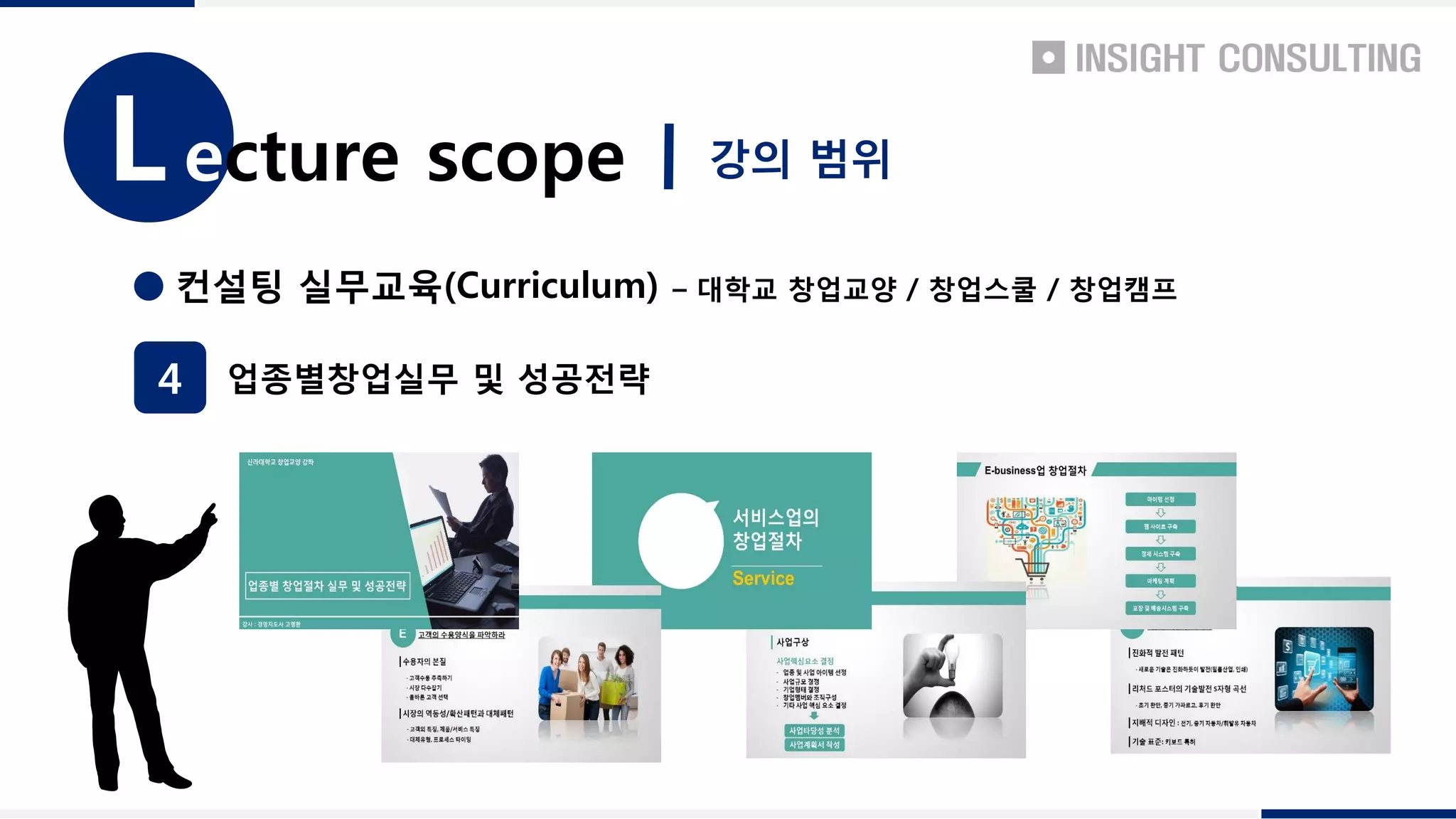 컨설팅 실무교육(Curriculum) – 대학교 창업교양 / 창업스쿨 / 창업캠프
4 업종별창업실무 및 성공전략
강의 범위ecture scopeL
 