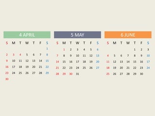 4 APRIL 5 MAY 6 JUNE
S M T W T F S
1
2 3 4 5 6 7 8
9 10 11 12 13 14 15
16 17 18 19 20 21 22
23 24 25 26 27 28 29
30
S M T W T F S
1 2 3 4 5 6
7 8 9 10 11 12 13
14 15 16 17 18 19 20
21 22 23 24 25 26 27
28 29 30 31
S M T W T F S
1 2 3
4 5 6 7 8 9 10
11 12 13 14 15 16 17
18 19 20 21 22 23 24
25 26 27 28 29 30
 