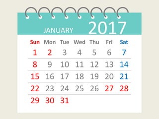 Sun Mon Tue Wed Thu Fri Sat
1 2 3 4 5 6 7
8 9 10 11 12 13 14
15 16 17 18 19 20 21
22 23 24 25 26 27 28
29 30 31
JANUARY 2017
 