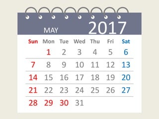 MAY 2017Sun Mon Tue Wed Thu Fri Sat
1 2 3 4 5 6
7 8 9 10 11 12 13
14 15 16 17 18 19 20
21 22 23 24 25 26 27
28 29 30 31
 