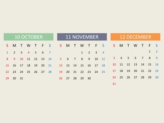 S M T W T F S
1 2 3 4 5 6 7
8 9 10 11 12 13 14
15 16 17 18 19 20 21
22 23 24 25 26 27 28
29 30 31
10 OCTOBER 11 NOVEMBER 12 DECEMBER
S M T W T F S
1 2 3 4
5 6 7 8 9 10 11
12 13 14 15 16 17 18
19 20 21 22 23 24 25
26 27 28 29 30
S M T W T F S
1 2
3 4 5 6 7 8 9
10 11 12 13 14 15 16
17 18 19 20 21 22 23
24 25 26 27 28 29 30
31
 