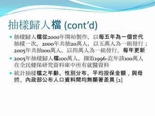抽樣歸人檔 (cont’d)抽樣歸人檔從2000年開始製作，以每五年為一個世代抽樣一次，2000年共抽20萬人，以五萬人為一組發行；2005年共抽100萬人，以四萬人為一組發行。每年更新2005年抽樣歸人檔100萬人，擷取1996-訖年該100萬人在全民健保研究資料庫中所有就醫資料統計抽樣檔之年齡、性別分布、平均投保金額，與母體、內政部公布人口資料間均無顯著差異 [2]