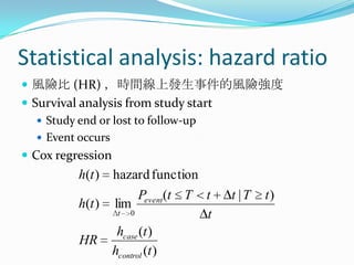 Statistical analysis: hazard ratio風險比 (HR) ，時間線上發生事件的風險強度Survival analysis from study startStudy end or lost to follow-upEvent occursCox regression