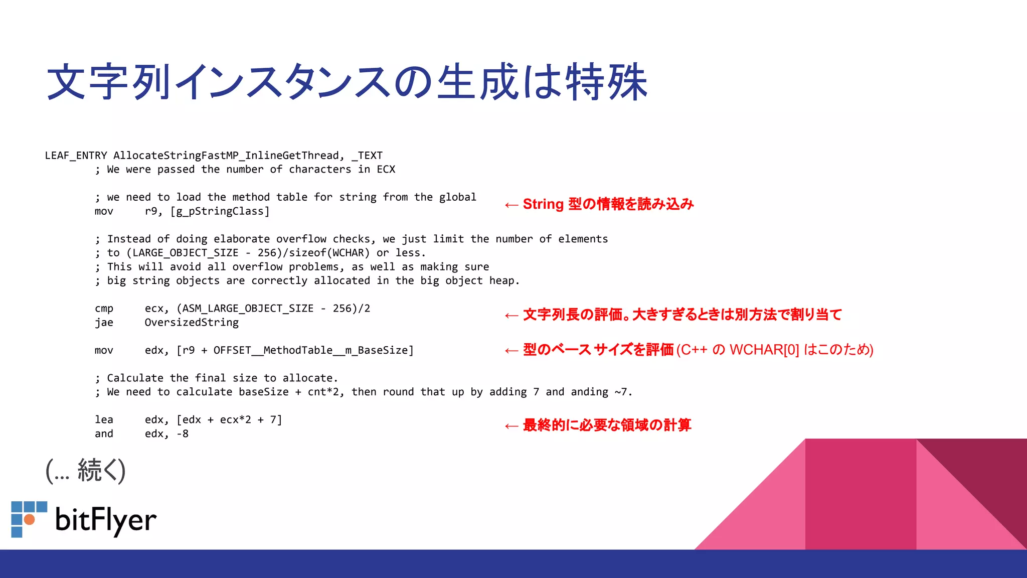 文字列インスタンスの生成は特殊
LEAF_ENTRY AllocateStringFastMP_InlineGetThread, _TEXT
; We were passed the number of characters in ECX
; we need to load the method table for string from the global
mov r9, [g_pStringClass]
; Instead of doing elaborate overflow checks, we just limit the number of elements
; to (LARGE_OBJECT_SIZE - 256)/sizeof(WCHAR) or less.
; This will avoid all overflow problems, as well as making sure
; big string objects are correctly allocated in the big object heap.
cmp ecx, (ASM_LARGE_OBJECT_SIZE - 256)/2
jae OversizedString
mov edx, [r9 + OFFSET__MethodTable__m_BaseSize]
; Calculate the final size to allocate.
; We need to calculate baseSize + cnt*2, then round that up by adding 7 and anding ~7.
lea edx, [edx + ecx*2 + 7]
and edx, -8
(… 続く)
← String 型の情報を読み込み
← 文字列長の評価。大きすぎるときは別方法で割り当て
← 型のベース サイズを評価(C++ の WCHAR[0] はこのため)
← 最終的に必要な領域の計算
 