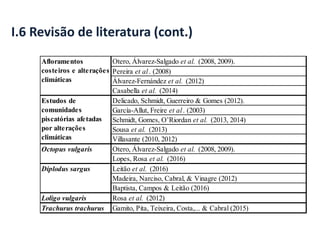 I.6 Revisão de literatura (cont.)
Otero, Álvarez-Salgado et al. (2008, 2009).
Pereira et al. (2008)
Álvarez-Fernández et al. (2012)
Casabella et al. (2014)
Delicado, Schmidt, Guerreiro & Gomes (2012).
García-Allut, Freire et al. (2003)
Schmidt, Gomes, O’Riordan et al. (2013, 2014)
Sousa et al. (2013)
Villasante (2010, 2012)
Otero, Álvarez-Salgado et al. (2008, 2009).
Lopes, Rosa et al. (2016)
Leitão et al. (2016)
Madeira, Narciso, Cabral, & Vinagre (2012)
Baptista, Campos & Leitão (2016)
Loligo vulgaris Rosa et al. (2012)
Trachurus trachurus Gamito, Pita, Teixeira, Costa,... & Cabral (2015)
Octopus vulgaris
Diplodus sargus
Afloramentos
costeiros e alterações
climáticas
Estudos de
comunidades
piscatórias afetadas
por alterações
climáticas
 
