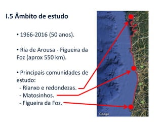 I.5 Âmbito de estudo
• 1966-2016 (50 anos).
• Ria de Arousa - Figueira da
Foz (aprox 550 km).
• Principais comunidades de
estudo:
- Rianxo e redondezas.
- Matosinhos.
- Figueira da Foz.
 