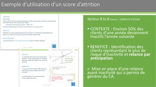 Exemple d’utilisation d’un score d’attrition 14
Secteur B to B (source : COMPLEX-SYSTEM)
 CONTEXTE : Environ 50% des
clients d’une année deviennent
Inactifs l’année suivante
 BENEFICE : Identification des
clients représentant le plus de
risque d’inactivité et relance par
anticipation
> Mise en place d’une relance
avant inactivité qui a permis de
générer du CA.
 
