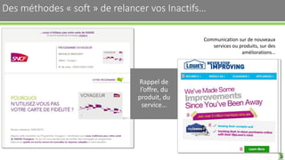 Des méthodes « soft » de relancer vos Inactifs… 23
Rappel de
l’offre, du
produit, du
service…
Communication sur de nouveaux
services ou produits, sur des
améliorations…
 