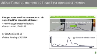 Utiliser l’email au moment où l’Inactif est connecté à internet
Envoyer votre email au moment exact où
votre Inactif se connecte à Internet
=> Forte augmentation des taux
d’ouverture et réactivité
Cf Solution Stand up !
de Live Sending d’ACTITO
29
 