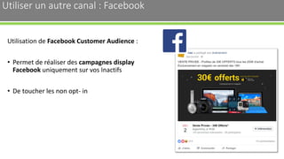 Utiliser un autre canal : Facebook
Utilisation de Facebook Customer Audience :
• Permet de réaliser des campagnes display
Facebook uniquement sur vos Inactifs
• De toucher les non opt- in
32
 