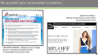 Ré-accueillir pour reconsolider la relation… 39
CROISIERES CARNIVAL : Expliquer ce qui a changé
depuis la précédente période d’activité.
Ici, développement du Social media
SAKS FIFTH AVENUE :
Offre de transformation sur des Inactifs
qui ont réactivé leur email
 