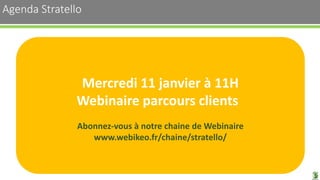 Mercredi 11 janvier à 11H
Webinaire parcours clients
Abonnez-vous à notre chaine de Webinaire
www.webikeo.fr/chaine/stratello/
Agenda Stratello
 