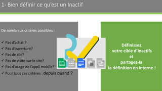 1- Bien définir ce qu’est un Inactif
De nombreux critères possibles :
 Pas d’achat ?
 Pas d’ouverture?
 Pas de clic?
 Pas de visite sur le site?
 Pas d’usage de l’appli mobile?
 Pour tous ces critères : depuis quand ?
6
Définissez
votre cible d’Inactifs
et
partagez-la
la définition en interne !
 
