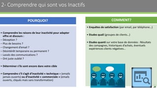 2- Comprendre qui sont vos Inactifs
7
POURQUOI?
• Comprendre les raisons de leur inactivité pour adapter
offre et discours :
‒ Déception ?
‒ Plus de besoins ?
‒ Changement d’email ?
‒ Désintérêt temporaire ou permanent ?
‒ Lassés des communications ?
‒ Ont juste oublié ?
• Déterminer s’ils sont encore dans votre cible
• Comprendre s’il s’agit d’inactivité « technique » (emails
jamais ouverts) ou d’inactivité « commerciale » (emails
ouverts, cliqués mais sans transformation)
COMMENT?
• Enquêtes de satisfaction (par email, par téléphone…)
• Etudes quali (groupes de clients…)
• Etudes quanti sur votre base de données : Résultats
des campagnes, historiques d’achats, éventuels
expériences clients négatives…
 
