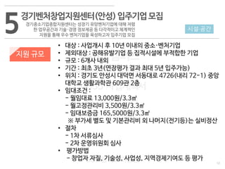 13
533 캠퍼스
#533 비즈니스 모델
#533 사업계획서
#533 창업론
533 캠퍼스 이승원
5경기벤처창업지원센터(안성)입주기업모집
경기중소기업종합지원센터는 성장기 유망벤처기업에 대해 저렴
한 업무공간과 기술·경영 정보제공 등 다각적이고 체계쩍인
지원을 통해 우수 벤처기업을 육성하고자 입주기업 모집
지원 규모
시설·공간
• 대상 : 사업개시 후 10년 이내의 중소·벤처기업
• 제외대상 : 공해유발기업 등 집적시설에 부적합한 기업
• 규모 : 6개사 내외
• 기간 : 최초 3년(연장평가 결과 최대 5년 입주가능)
• 위치 : 경기도 안성시 대덕면 서동대로 4726(내리 72-1) 중앙
대학교 생활과학관 609관 2층
• 임대조건 :
- 월임대료 13,000원/3.3㎡
- 월고정관리비 3,500원/3.3㎡
- 임대보증금 165,5000원/3.3㎡
※ 부가세 별도 및 기본관리비 외 나머지(전기등)는 실비정산
• 절차
- 1차 서류심사
- 2차 운영위원회 심사
• 평가방법
- 창업자 자질, 기술성, 사업성, 지역경제기여도 등 평가
 