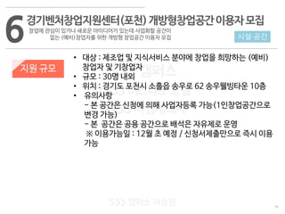 16
533 캠퍼스
#533 비즈니스 모델
#533 사업계획서
#533 창업론
533 캠퍼스 이승원
6경기벤처창업지원센터(포천)개방형창업공간이용자모집
창업에 관심이 있거나 새로운 아이디어가 있는데 사업화할 공간이
없는 (예비)창업자를 위한 개방형 창업공간 이용자 모집
지원 규모
시설·공간
• 대상 : 제조업 및 지식서비스 분야에 창업을 희망하는 (예비)
창업자 및 기창업자
• 규모 : 30명 내외
• 위치 : 경기도 포천시 소흘읍 송우로 62 송우웰빙타운 10층
• 유의사항
- 본 공간은 신청에 의해 사업자등록 가능(1인창업공간으로
변경 가능)
- 본 공간은 공용 공간으로 배석은 자유제로 운영
※ 이용가능일 : 12월 초 예정 / 신청서제출만으로 즉시 이용
가능
 