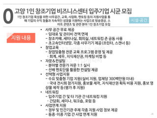 28
533 캠퍼스
#533 비즈니스 모델
#533 사업계획서
#533 창업론
533 캠퍼스 이승원
0고양1인창조기업비즈니스센터입주기업시균모집
1인 창조기업 육성을 위한 사무공간, 교육, 사업화, 멘토링 등의 지원사업을 통
해 기업의 수익 창출과 지속적인 성장을 지원하는 사업으로 방송영상, 스
마트 콘텐츠 및 관련 분야 1인 창조기업 모집
지원 내용
• 사무 공간 무료 제공
- 임대료 및 관리비 전액 면제
- 창조카페, 세미나실, 회의실, 네트워킹 존 공동 사용
- 초고속인터넷망, 각종 사무기기 제공(프린터, 스캔너 등)
• 창업교육
- 창업맞춤형 전문 교육 프로그램 운영 및 제공
· 회계, 세무, 지식재산권, 마케팅 비법 등
• 자문&컨설팅
- 분야별 전문가 자문 1:1 실시
- 선배 멘토단을 활용한 컨설팅 제공
• 선택형 사업지원
- 수요 맞춤형 기업 지원(실비 지원, 업체당 300백만원 이내)
· 국내 전시회 참가지원, 홍보물 제작, 지식재산권 획득 비용 지원, 홍보 영
상물 제작 등(평가 후 지원)
• 네트워킹
- 입주기업 간 및 타 기관 간 네트워킹 지원
· 간담회, 세미나, 워크숍, 포럼 등
• 사업연계 지원
- 정부 및 민간기관 주체 각종 지원 사업 정보 제공
- 동종·이종 기업 간 사업 연계 지원
시설·공간
 