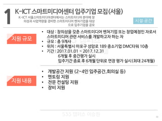 30
533 캠퍼스
#533 비즈니스 모델
#533 사업계획서
#533 창업론
533 캠퍼스 이승원
1K-ICT스마트미디어센터입주기업모집(서울)
K-ICT 서울스마트미디어센터에서는 스마트미디어 분야에 창
의성과 사업역량을 겸비한 스마트미디어 벤처기업을 대상
으로 입주기업을 공모
지원 규모
지원 내용
• 대상 : 창의성을 갖춘 스마트미디어 벤처기업 또는 창업예정인 자로서
스마트미디어 관련 서비스를 개발하고자 하는 자
• 규모 : 총 9개사
• 위치 : 서울특별시 마포구 성암로 189 중소기업 DMC타워 10층
• 기간 : 2017.01.01 ~ 2017.12.31
6개월 후 중간평가 실시
입주기간 종료 후 6개월 단위로 연장 평가 실시(최대 24개월)
• 개발공간 지원 (2~4인 입주공간,회의실 등)
• 멘토링 지원
• 전문 컨설팅 지원
• 장비 지원
시설·공간
 