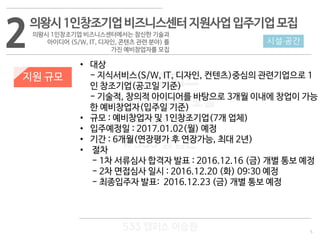 5
533 캠퍼스
#533 비즈니스 모델
#533 사업계획서
#533 창업론
533 캠퍼스 이승원
2의왕시1인창조기업비즈니스센터지원사업입주기업모집
의왕시 1인창조기업 비즈니스센터에서는 참신한 기술과
아이디어 (S/W, IT, 디자인, 콘텐츠 관련 분야) 를
가진 예비창업자를 모집
지원 규모
• 대상
- 지식서비스(S/W, IT, 디자인, 컨텐츠)중심의 관련기업으로 1
인 창조기업(공고일 기준)
- 기술적, 창의적 아이디어를 바탕으로 3개월 이내에 창업이 가능
한 예비창업자(입주일 기준)
• 규모 : 예비창업자 및 1인창조기업(7개 업체)
• 입주예정일 : 2017.01.02(월) 예정
• 기간 : 6개월(연장평가 후 연장가능, 최대 2년)
• 절차
- 1차 서류심사 합격자 발표 : 2016.12.16 (금) 개별 통보 예정
- 2차 면접심사 일시 : 2016.12.20 (화) 09:30 예정
- 최종입주자 발표: 2016.12.23 (금) 개별 통보 예정
시설·공간
 