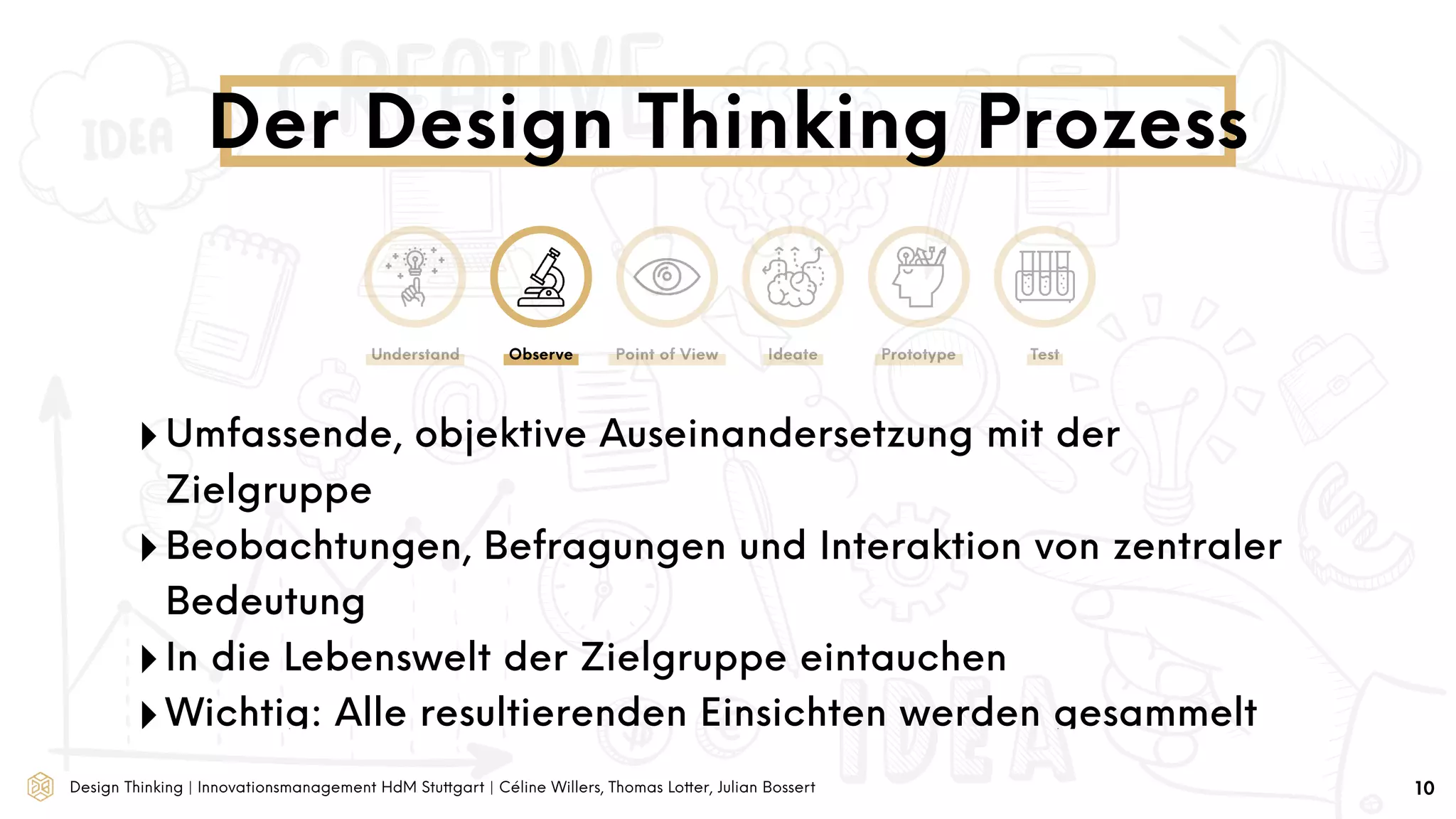 Design Thinking | Innovationsmanagement HdM Stuttgart | Céline Willers, Thomas Lotter, Julian Bossert
‣Umfassende, objektive Auseinandersetzung mit der
Zielgruppe
‣Beobachtungen, Befragungen und Interaktion von zentraler
Bedeutung
‣In die Lebenswelt der Zielgruppe eintauchen
‣Wichtig: Alle resultierenden Einsichten werden gesammelt
Der Design Thinking Prozess
10
Understand Observe Point of View Ideate Prototype Test
 