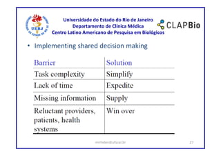 Universidade do Estado do Rio de Janeiro
                Departamento de Clínica Médica
       Centro Latino Americano de Pesquisa em Biológicos

• Implementing shared decision making




                         mirhelen@ufscar.br                27
 