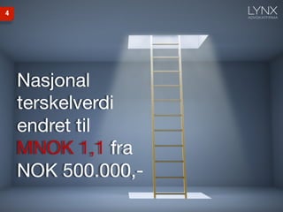 Nasjonal
terskelverdi
endret til 
MNOK 1,1 fra
NOK 500.000,-
4
 