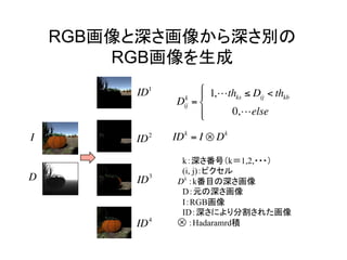 RGB画像と深さ画像から深さ別の
RGB画像を生成	
Dij
k
=
1,!thks ≤ Dij < thkb
0,!else
⎧
⎨
⎪
⎩⎪
IDk
= I ⊗ Dk
k：深さ番号（k＝1,2,・・・）
(i, j)：ピクセル
　：k番目の深さ画像
D：元の深さ画像
I：RGB画像
ID：深さにより分割された画像
　：Hadaramrd積
Dk
ID1
ID2
ID3
ID4
I
D
⊗
 