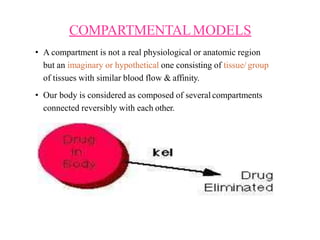 COMPARTMENTALMODELS
• A compartment is not a real physiological or anatomic region
but an imaginary or hypothetical one consisting of tissue/ group
of tissues with similar blood flow & affinity.
• Our body is considered as composed of several compartments
connected reversibly with each other.
 