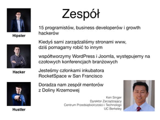 Zespół
Hipster
Hustler
Hacker
Ken Singer
Dyrektor Zarządzający  
Centrum Przedsiębiorczości i Technologii
UC Berkeley
15 programistów, business developerów i growth
hackerów

Kiedyś sami zarządzaliśmy stronami www,  
dziś pomagamy robić to innym

współtworzymy WordPress i Joomla, występujemy na
czołowych konferencjach branżowych

Jesteśmy członkami inkubatora  
RocketSpace w San Francisco

Doradza nam zespół mentorów  
z Doliny Krzemowej
 