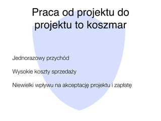 Praca od projektu do
projektu to koszmar
Jednorazowy przychód
Wysokie koszty sprzedaży
Niewielki wpływu na akceptację projektu i zapłatę
 