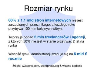 Rozmiar rynku
80% z 1.1 mld stron internetowych nie jest
zarządzanych przez nikogo, a każdego roku
przybywa 100 mln kolejnych witryn.

Tworzy je ponad 5 mln freelancerów i agencji,  
z których 50% nie jest w stanie przetrwać 2 lat na
rynku

Wartość rynku administracji szacuje się na 6 mld €
rocznie
źródło: w3techs.com, wordpress.org & własne badania
 