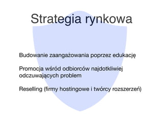 Strategia rynkowa
Budowanie zaangażowania poprzez edukację

Promocja wśród odbiorców najdotkliwiej
odczuwających problem

Reselling (ﬁrmy hostingowe i twórcy rozszerzeń)
 