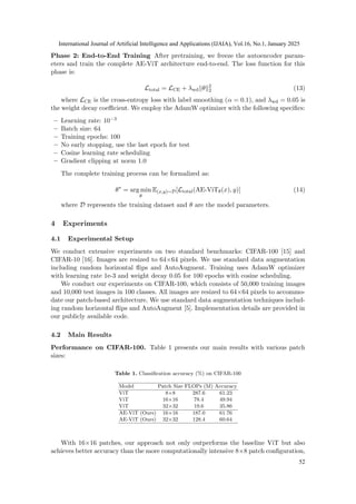 Phase 2: End-to-End Training After pretraining, we freeze the autoencoder param-
eters and train the complete AE-ViT architecture end-to-end. The loss function for this
phase is:
Ltotal = LCE + λwd∥θ∥2
2 (13)
where LCE is the cross-entropy loss with label smoothing (α = 0.1), and λwd = 0.05 is
the weight decay coefficient. We employ the AdamW optimizer with the following specifics:
– Learning rate: 10−3
– Batch size: 64
– Training epochs: 100
– No early stopping, use the last epoch for test
– Cosine learning rate scheduling
– Gradient clipping at norm 1.0
The complete training process can be formalized as:
θ∗
= arg min
θ
E(x,y)∼D[Ltotal(AE-ViTθ(x), y)] (14)
where D represents the training dataset and θ are the model parameters.
4 Experiments
4.1 Experimental Setup
We conduct extensive experiments on two standard benchmarks: CIFAR-100 [15] and
CIFAR-10 [16]. Images are resized to 64×64 pixels. We use standard data augmentation
including random horizontal flips and AutoAugment. Training uses AdamW optimizer
with learning rate 1e-3 and weight decay 0.05 for 100 epochs with cosine scheduling.
We conduct our experiments on CIFAR-100, which consists of 50,000 training images
and 10,000 test images in 100 classes. All images are resized to 64×64 pixels to accommo-
date our patch-based architecture. We use standard data augmentation techniques includ-
ing random horizontal flips and AutoAugment [5]. Implementation details are provided in
our publicly available code.
4.2 Main Results
Performance on CIFAR-100. Table 1 presents our main results with various patch
sizes:
Table 1. Classification accuracy (%) on CIFAR-100
Model Patch Size FLOPs (M) Accuracy
ViT 8×8 287.6 61.23
ViT 16×16 78.4 49.94
ViT 32×32 19.6 35.86
AE-ViT (Ours) 16×16 187.0 61.76
AE-ViT (Ours) 32×32 128.4 60.64
With 16×16 patches, our approach not only outperforms the baseline ViT but also
achieves better accuracy than the more computationally intensive 8×8 patch configuration,
International Journal of Artificial Intelligence and Applications (IJAIA), Vol.16, No.1, January 2025
52
 
