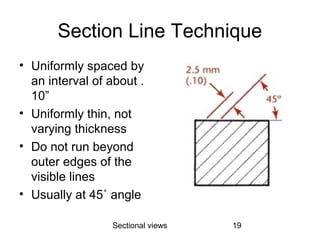 Sectional views 19
Section Line Technique
• Uniformly spaced by
an interval of about .
10”
• Uniformly thin, not
varying thickness
• Do not run beyond
outer edges of the
visible lines
• Usually at 45˚ angle
 