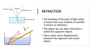 REFRACTION
• The bending of the path of light when
it moves from one medium to another
is known as refraction.
• The object we see after refraction is
called the apparent object.
• There exists some displacement
between the apparent and actual
object.
 