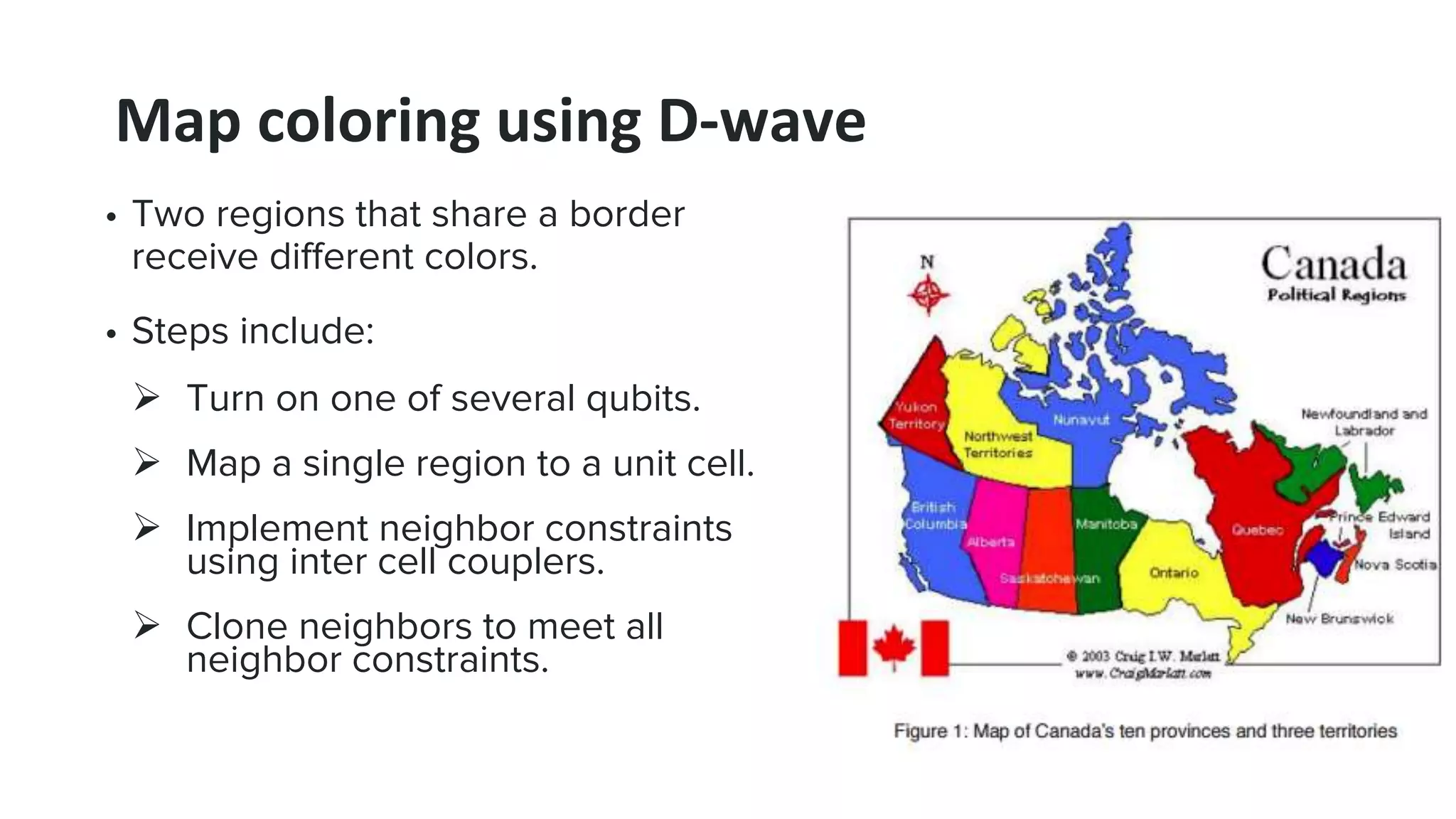 Map coloring using D-wave
• Two regions that share a border
receive different colors.
• Steps include:
 Turn on one of several qubits.
 Map a single region to a unit cell.
 Implement neighbor constraints
using inter cell couplers.
 Clone neighbors to meet all
neighbor constraints.
 