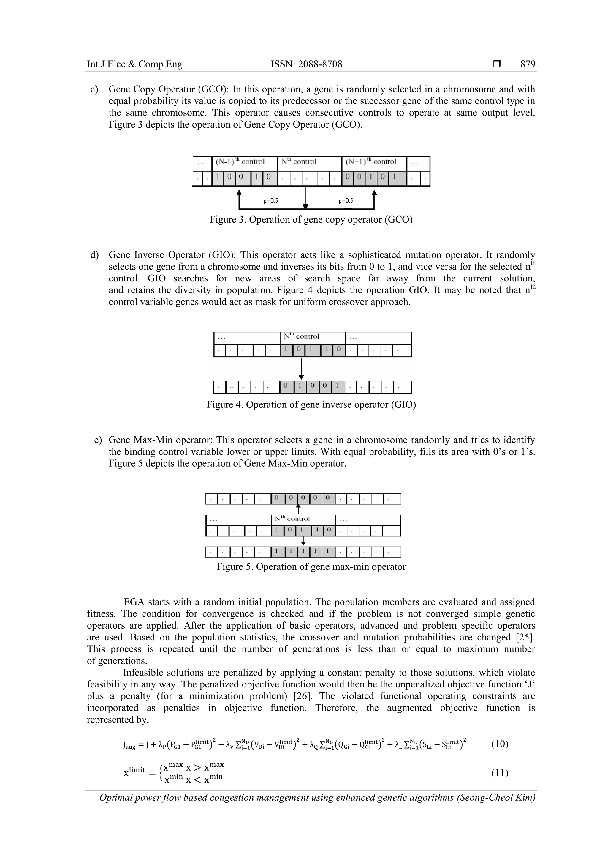 Int J Elec & Comp Eng ISSN: 2088-8708 
Optimal power flow based congestion management using enhanced genetic algorithms (Seong-Cheol Kim)
879
c) Gene Copy Operator (GCO): In this operation, a gene is randomly selected in a chromosome and with
equal probability its value is copied to its predecessor or the successor gene of the same control type in
the same chromosome. This operator causes consecutive controls to operate at same output level.
Figure 3 depicts the operation of Gene Copy Operator (GCO).
Figure 3. Operation of gene copy operator (GCO)
d) Gene Inverse Operator (GIO): This operator acts like a sophisticated mutation operator. It randomly
selects one gene from a chromosome and inverses its bits from 0 to 1, and vice versa for the selected nth
control. GIO searches for new areas of search space far away from the current solution,
and retains the diversity in population. Figure 4 depicts the operation GIO. It may be noted that nth
control variable genes would act as mask for uniform crossover approach.
Figure 4. Operation of gene inverse operator (GIO)
e) Gene Max-Min operator: This operator selects a gene in a chromosome randomly and tries to identify
the binding control variable lower or upper limits. With equal probability, fills its area with 0‟s or 1‟s.
Figure 5 depicts the operation of Gene Max-Min operator.
Figure 5. Operation of gene max-min operator
EGA starts with a random initial population. The population members are evaluated and assigned
fitness. The condition for convergence is checked and if the problem is not converged simple genetic
operators are applied. After the application of basic operators, advanced and problem specific operators
are used. Based on the population statistics, the crossover and mutation probabilities are changed [25].
This process is repeated until the number of generations is less than or equal to maximum number
of generations.
Infeasible solutions are penalized by applying a constant penalty to those solutions, which violate
feasibility in any way. The penalized objective function would then be the unpenalized objective function „J‟
plus a penalty (for a minimization problem) [26]. The violated functional operating constraints are
incorporated as penalties in objective function. Therefore, the augmented objective function is
represented by,
( ) ∑ ( ) ∑ ( ) ∑ ( ) (10)
{ (11)
 