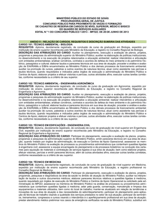 MINISTÉRIO PÚBLICO DO ESTADO DE GOIÁS
PROCURADORIA-GERAL DE JUSTIÇA
CONCURSO PÚBLICO PARA PROVIMENTO DE VAGAS E FORMAÇÃO
DE CADASTRO DE RESERVA EM CARGOS DE NÍVEL SUPERIOR, MÉDIO E BÁSICO
DO QUADRO DE SERVIÇOS AUXILIARES
EDITAL N.º 1 DO CONCURSO PÚBLICO 1/2013 – MP/GO, DE 28 DE JUNHO DE 2013
ANEXO II – RELAÇÃO DE CARGOS, REQUISITOS E DESCRIÇÃO SUMÁRIA DAS ATIVIDADES
CARGO 101: TÉCNICO AMBIENTAL - BIOLOGIA
REQUISITOS: diploma, devidamente registrado, de conclusão de curso de graduação em Biologia, expedido por
instituição de ensino superior reconhecida pelo Ministério da Educação, e registro no Conselho Regional de Biologia.
DESCRIÇÃO DAS ATRIBUIÇÕES DO CARGO: Auxiliar no planejamento, execução e avaliação de planos, projetos,
programas e pesquisas da administração superior do Ministério Público; auxiliar na elaboração de políticas institucionais,
no desenvolvimento e na execução de projetos relacionados a educação ambiental; realizar intercâmbio e articulação
com entidades ambientalistas; analisar convênios, contratos e acordos de defesa do meio ambiente e do patrimônio his-
tórico, paisagístico e cultural; elaborar laudos e pareceres técnicos em sua área de atuação; proceder a análise e avalia-
ção de EIA/RIAMs e EIBHs encaminhados ao Ministério Público e dos demais processos de licenciamento ambiental;
auxiliar na promoção de cursos, palestras e outros eventos de natureza técnica; atuar como assistente nas perícias e
laudos técnicos, quando requisitados e indicados pelos órgãos de execução e administração do Ministério Público e
Centros de Apoio; elaborar projetos e efetuar vistorias e perícias; outras atividades afins; executar outras tarefas correla-
tas, conforme necessidade ou a critério de seu superior.
CARGO 102: TÉCNICO AMBIENTAL - ENGENHARIA AGRONÔMICA
REQUISITOS: diploma, devidamente registrado, de conclusão de curso de graduação em Agronomia, expedido por
instituição de ensino superior reconhecida pelo Ministério da Educação, e registro no Conselho Regional de
Engenharia e Agronomia.
DESCRIÇÃO DAS ATRIBUIÇÕES DO CARGO: Auxiliar no planejamento, execução e avaliação de planos, projetos,
programas e pesquisas da administração superior do Ministério Público; auxiliar na elaboração de políticas institucionais,
no desenvolvimento e na execução de projetos relacionados a educação ambiental; realizar intercâmbio e articulação
com entidades ambientalistas; analisar convênios, contratos e acordos de defesa do meio ambiente e do patrimônio his-
tórico, paisagístico e cultural; elaborar laudos e pareceres técnicos em sua área de atuação; proceder a análise e avalia-
ção de EIA/RIAMs e EIBHs encaminhados ao Ministério Público e dos demais processos de licenciamento ambiental;
auxiliar na promoção de cursos, palestras e outros eventos de natureza técnica; atuar como assistente nas perícias e
laudos técnicos, quando requisitados e indicados pelos órgãos de execução e administração do Ministério Público e
Centros de Apoio; elaborar projetos e efetuar vistorias e perícias; outras atividades afins; executar outras tarefas correla-
tas, conforme necessidade ou a critério de seu superior.
CARGO 103: TÉCNICO EM EDIFICAÇÕES - ENGENHERIA CIVIL
REQUISITOS: diploma, devidamente registrado, de conclusão de curso de graduação de nível superior em Engenharia
Civil, expedido por instituição de ensino superior reconhecida pelo Ministério da Educação, e registro no Conselho
Regional de Engenharia e Agronomia.
DESCRIÇÃO DAS ATRIBUIÇÕES DO CARGO: Participar do planejamento, execução e avaliação de planos, projetos,
programas e pesquisas da administração superior do Ministério Público, emitir pareceres técnicos em sua área de atua-
ção, quando instado por órgãos da administração, de execução e Centros de Apoio Operacional; assessorar os mem-
bros do Ministério Público na avaliação de processos ou procedimentos administrativos que contenham questões ligadas
à engenharia civil; assessorar a equipe encarregada do planejamento e de processos licitatórios na condução dos certa-
mes para aquisição de materiais e contratação de serviços ligados à sua área de atuação; bem como elaborar projetos,
efetuar vistorias, perícias e emitir pareceres técnicos; além de outras atividades afins; executar outras tarefas correlatas,
conforme necessidade ou a critério de seu superior.
CARGO 104: TÉCNICO EM MEDICINA
REQUISITOS: diploma, devidamente registrado, de conclusão de curso de graduação de nível superior em Medicina,
expedido por instituição de ensino superior reconhecida pelo Ministério da Educação, e registro profissional no
Conselho Regional de Medicina.
DESCRIÇÃO DAS ATRIBUIÇÕES DO CARGO: Participar do planejamento, execução e avaliação de planos, projetos,
programas, pesquisas e diagnósticos da área da saúde no âmbito de atuação do Ministério Público; auxiliar na interpre-
tação de laudos e outros documentos médicos; elaborar pareceres técnicos relativos a questões ligadas à medicina,
quando requisitado por órgãos de execução do Ministério Público e Centros de Apoio Operacional ou solicitado pela ad-
ministração do MPGO; assessorar os membros do Ministério Público na análise de processos ou procedimentos admi-
nistrativos que contenham questões ligadas à medicina; zelar pela guarda, conservação, manutenção e limpeza dos
equipamentos e materiais utilizados, bem como do local de trabalho; manter-se atualizado em relação às tendências e
inovações de sua área de atuação e das necessidades do setor/departamento; participar do planejamento para aplica-
ção de técnicas de trabalho visando a qualidade dos serviços prestados no setor de sua atuação; participar de seminári-
os, treinamentos, congressos e cursos visando o intercâmbio e o aperfeiçoamento profissional em sua área de atuação;
prestar atendimento médico preliminar nos casos de emergência verificados na sede do Ministério Público; substituir em
 