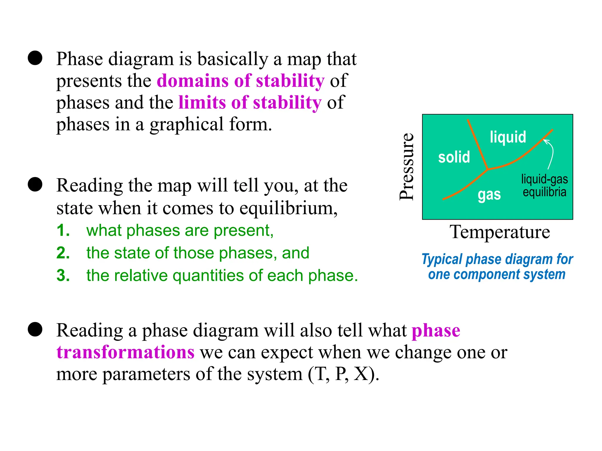  Reading a phase diagram will also tell what phase
transformations we can expect when we change one or
more parameters of the system (T, P, X).
Temperature
solid
liquid
gas
liquid-gas
equilibria
Typical phase diagram for
one component system
 Phase diagram is basically a map that
presents the domains of stability of
phases and the limits of stability of
phases in a graphical form.
 Reading the map will tell you, at the
state when it comes to equilibrium,
1. what phases are present,
2. the state of those phases, and
3. the relative quantities of each phase.
 